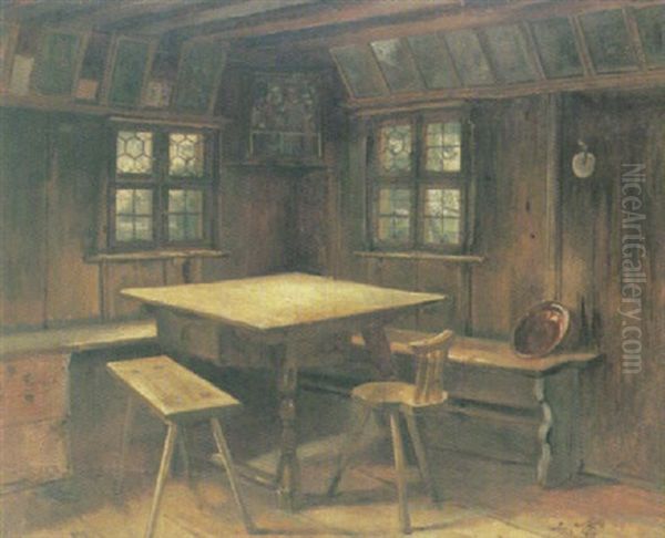 Blick In Eine Malerische Bauernstube Mit Bleiverglasten Fenstern Oil Painting by Adolf Eberle