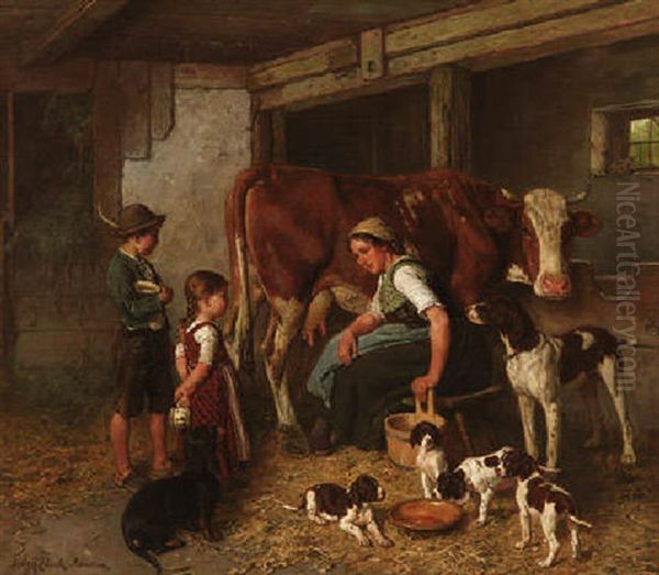 Im Kuhstall - Bauerin Mit Ihren Kindern Vor Einer Kuh, Im Vordergrund Jagdhundin Mit Ihren Welpen Oil Painting by Adolf Eberle