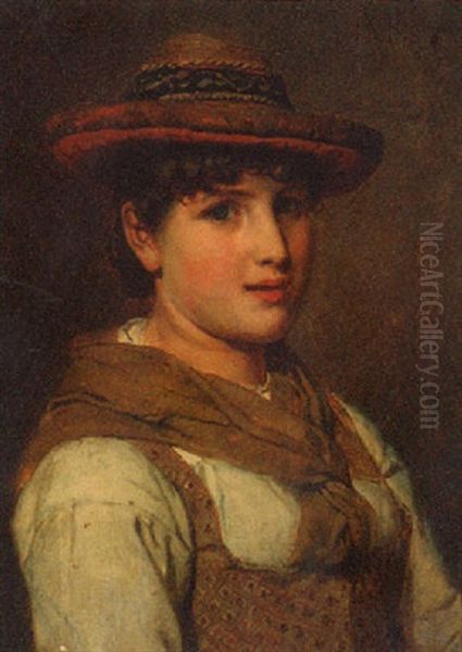 A Portrait Of A Young Lady Wearing A Hat Oil Painting by Adolf Eberle