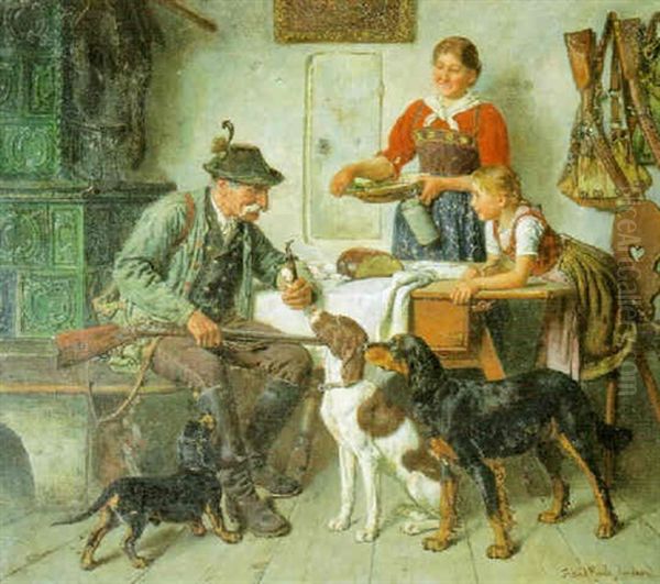 Brotzeit (alter Jager Mit Seinen Hunden Am Kachelofen In Der Stube) Oil Painting by Adolf Eberle