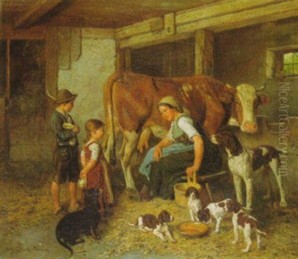 Melkzeit Oil Painting by Adolf Eberle