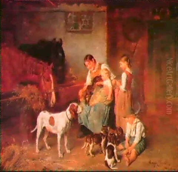 Familiengluck In Einem Scheuneninterieur Oil Painting by Adolf Eberle