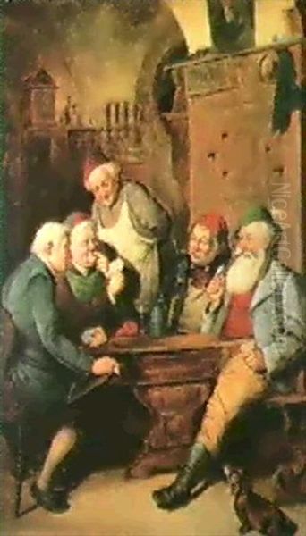 Beim Kartenspiel Sitzen Vier Bauern Und Der Wirt In Der     Schankstube Oil Painting by Adolf Eberle