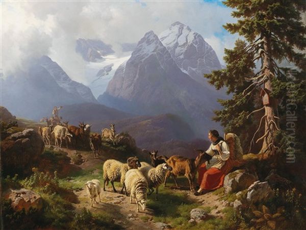 Sheep And Goatherders With Cattle Returning Home Oil Painting by Robert Eberle