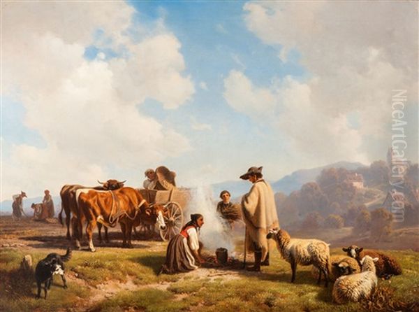 Resting Farmers With Their Cattle Oil Painting by Robert Eberle