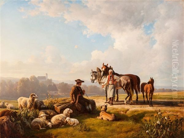 Ein Landmann Mit Seinem Schafer Redend (a Peasant Talking To His Shepherd) Oil Painting by Robert Eberle