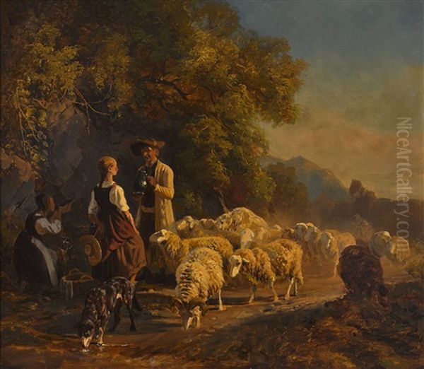 Schafer Und Zwei Bauernmadchen An Einer Waldquelle Oil Painting by Robert Eberle