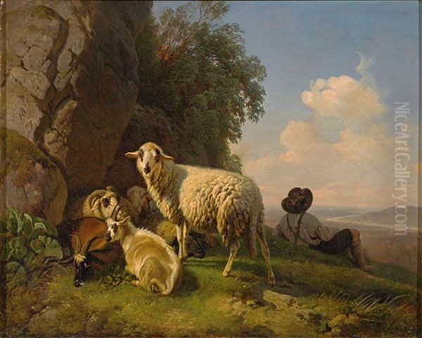 Sommerliche Weidelandschaft Mit Huterjunge, Ziegen Und Schafen. Weiter Blick In Das Land Oil Painting by Robert Eberle