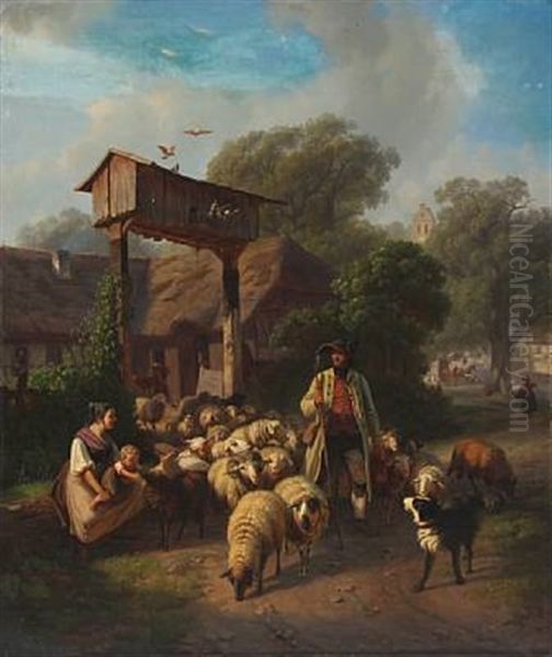 A Shepherd With His Flock Oil Painting by Robert Eberle