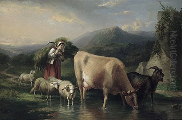 Junge Magd Mit Kuh, Ziege Und Schafen An Der Tranke, Auf Dem Rucken Die Frische Mahd Oil Painting by Robert Eberle