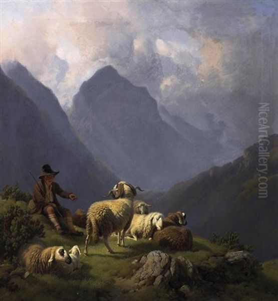 Hirte Mit Schafen Im Hochgebirge Oil Painting by Robert Eberle