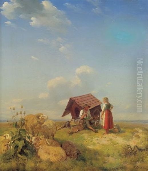 Schafer Und Junge Magd Im Gesprach Oil Painting by Robert Eberle