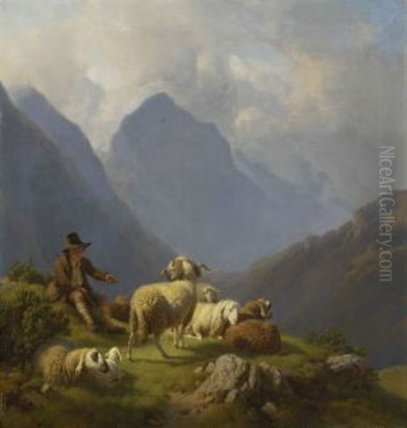 Rastender Hirtenknabe Mit Ruhenden Schafen In Gebirgslandschaft Oil Painting by Robert Eberle