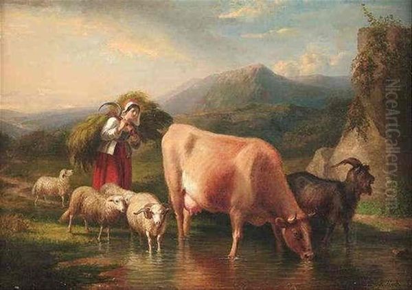 Eine Junge Sennerin Fuhrt Ihre Tiere An Eine Furt Oil Painting by Robert Eberle