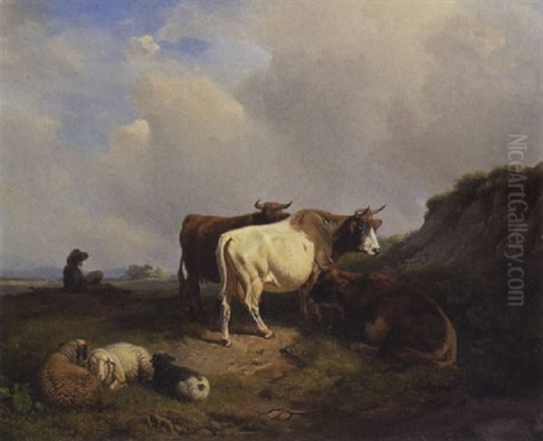 Hirte Mit Kuhen Und Schafen Oil Painting by Robert Eberle