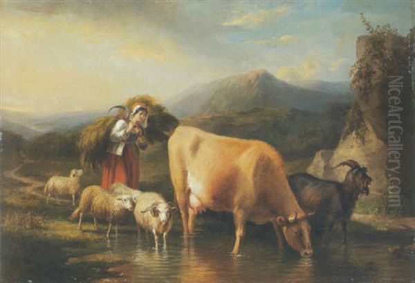 Bauerin Mit Ihrer Herder Am Wasser by Robert Eberle