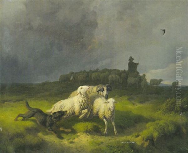 Schafer Mit Seiner Herde Bei Gewitterstimmung Auf Einer Anhohe Oil Painting by Robert Eberle