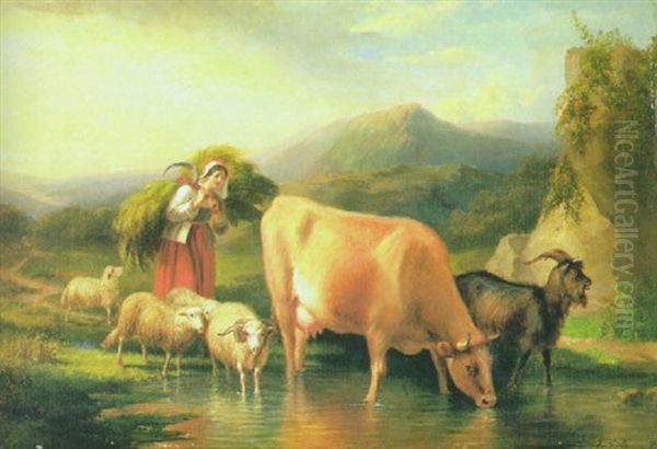 Eine Junge Sennerin Fuhrt Ihre Tiere In Eine Furt Oil Painting by Robert Eberle