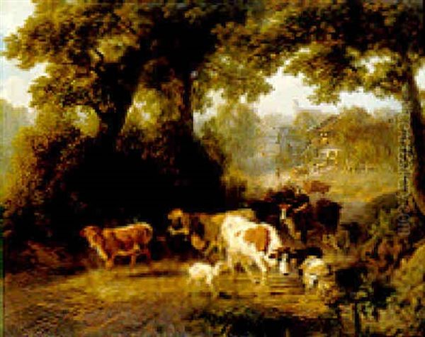 Cattle On A Woodland Path Oil Painting by Robert Eberle