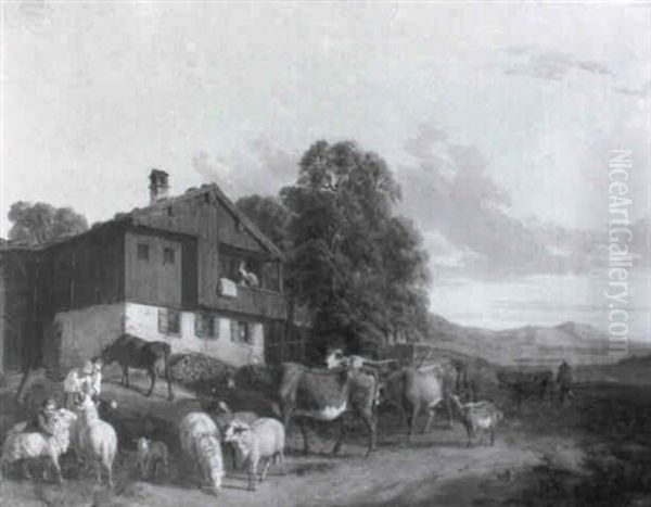 Heimkehrende Viehherde Vor Einem Bauernhaus Oil Painting by Robert Eberle