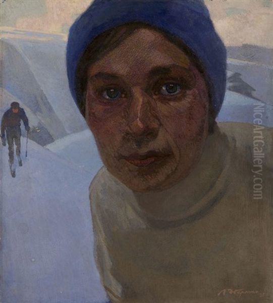 Woman Skier (artist Wife) Oil Painting by Alfred Rudolfovich Eberling