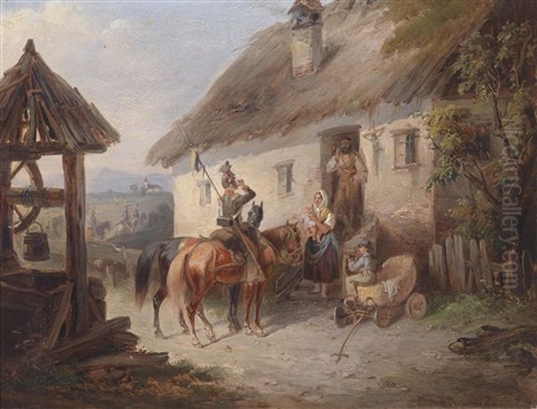 Osterreichische Ulanen Vor Einem Bauernhaus by Carl Alois Martin Ebersberg