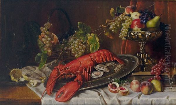 Stilleben Mit Groser Languste, Austern, Obst Und Feinem Venezianischen Glas Oil Painting by Max Ebersberger