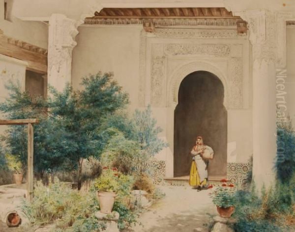 Girl Carrying A Water Flagon To A Well In A Spanish Courtyard Oil Painting by Jose Arpa Y Perea