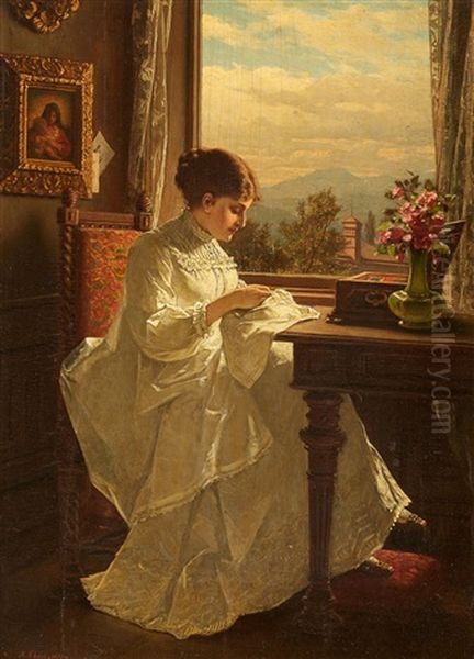 Interior With Girl Sewing Oil Painting by Anton Ebert