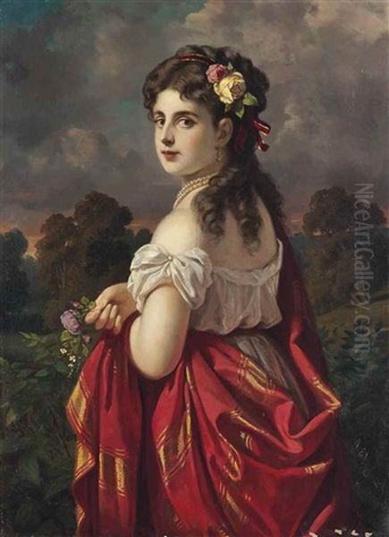 The Red Shawl Oil Painting by Anton Ebert