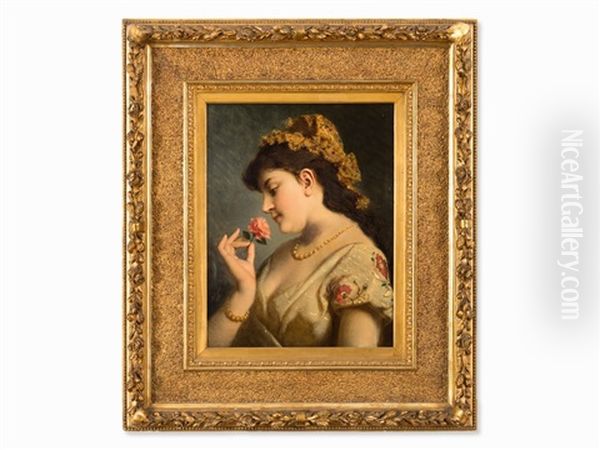 Young Woman With Rose Oil Painting by Anton Ebert