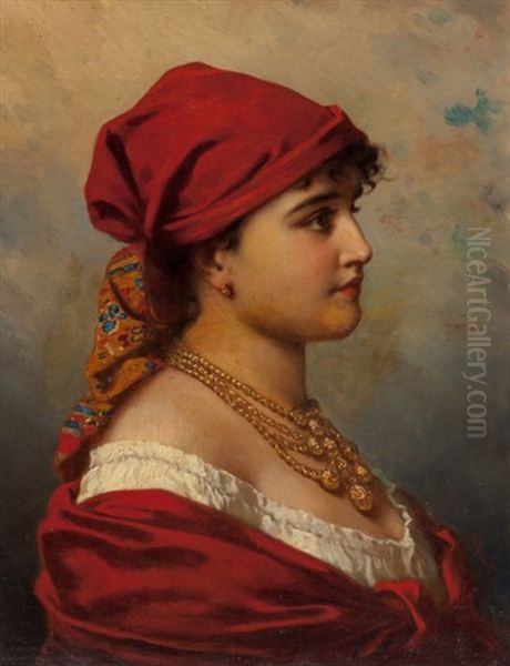 Woman In Red Oil Painting by Anton Ebert