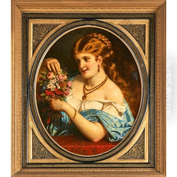 Portrait Of Young Woman With Bouquet Oil Painting by Anton Ebert