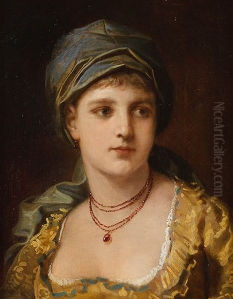 Junge Frau In Robe Mit Rubinschmuck Und Haube Oil Painting by Anton Ebert