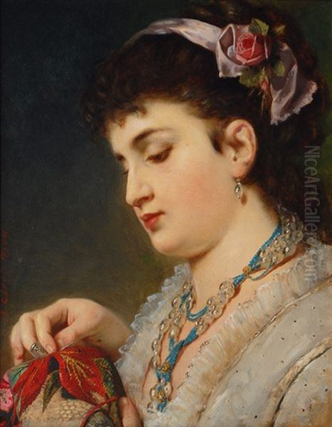 Young Lady Doing Needlework Oil Painting by Anton Ebert