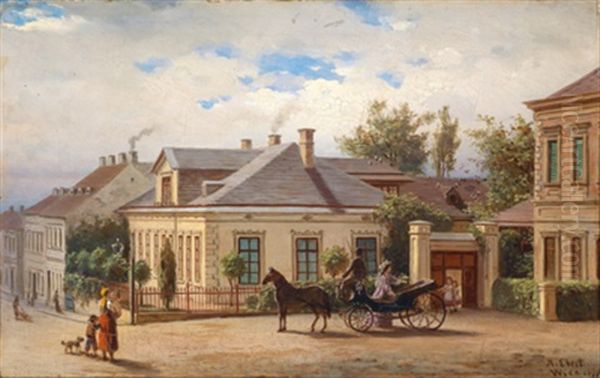 Das Wohnhaus Des Kunstlers In Penzing: Hausansicht Von Der Strase Aus Gesehen (+ 2 Others; 3 Works) Oil Painting by Anton Ebert