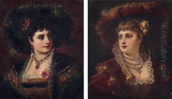 Portrait D'une Jeune Femme Au Chapeau De Velours Rouge (+ Portrait D'une Jeune Femme Au Chapeau Noir; Pair) Oil Painting by Anton Ebert