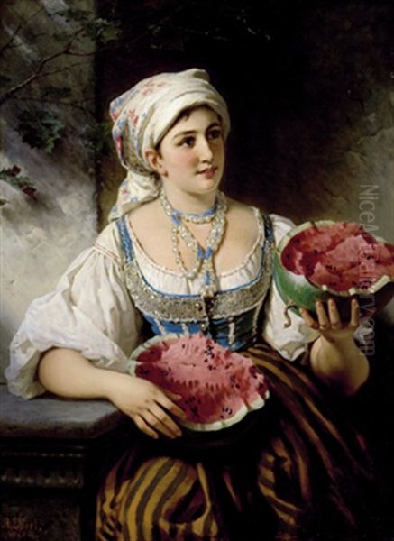 Die Melonenverkauferin Oil Painting by Anton Ebert