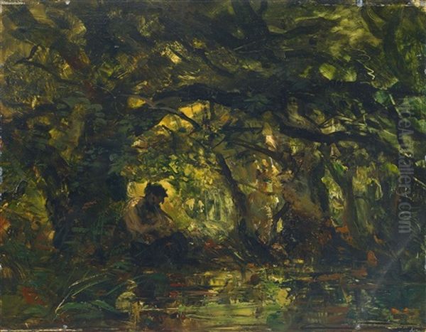 Woodland Scene With Pan Playing A Flute Oil Painting by Carl Ebert