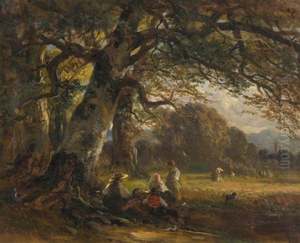 Rastende Bauernfamlie Unter Einem Grossen Baum Oil Painting by Carl Ebert