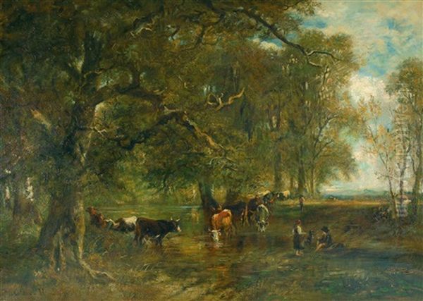 Kuhe An Der Waldtranke Oil Painting by Carl Ebert