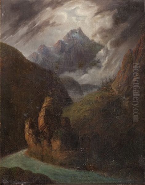 Gewittrige Gebirgslandschaft Mit Wildbach Oil Painting by Carl Ebert