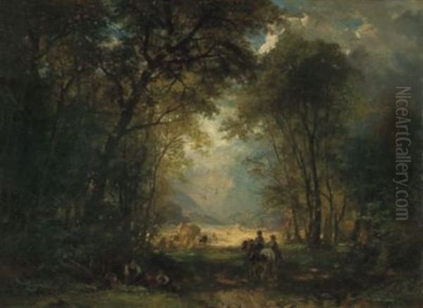 Blick Aus Dem Wald Auf Bauern Bei Der Ernte Oil Painting by Carl Ebert