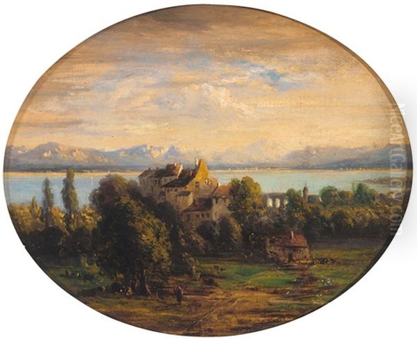 Blick Uber Mittelalterliche Hauser Auf Den Bodensee, Das Rheintal Und Gebirgspanorama by Carl Ebert