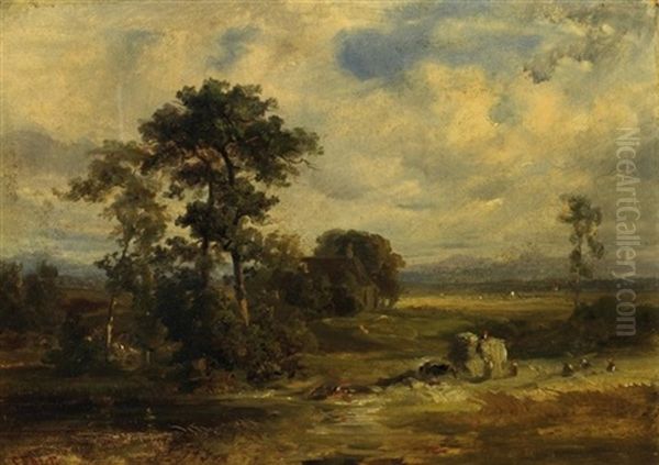 Landschaftsstudie Mit Bauern Bei Der Ernte Oil Painting by Carl Ebert