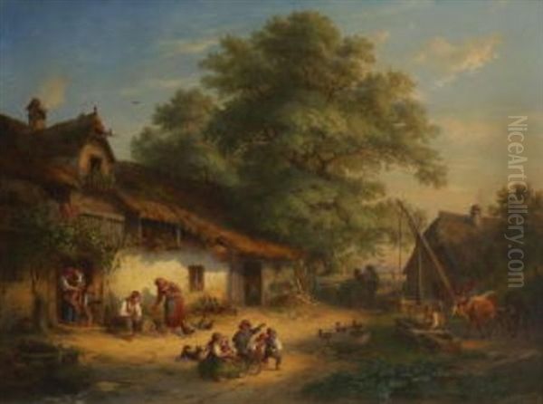 Feierabend. Bauernfamilie For Ihrem Haus Oil Painting by Carl Ebert