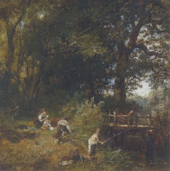 Waldlandschaft Mit Kindern Beim Angeln Oil Painting by Carl Ebert