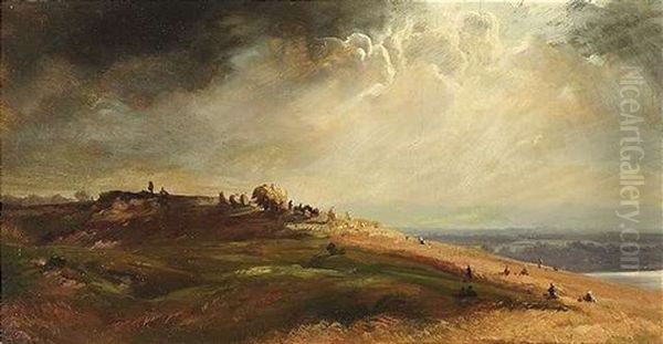 Blick In Eine Weite Landschaft Mit Erntenden Bauern Unter Bewolkten Himmel Oil Painting by Carl Ebert