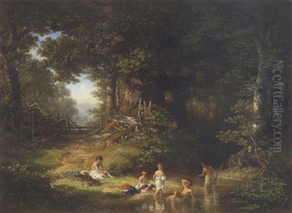 Waldlandschaft Mit Badenden Kindern Am Wasser Oil Painting by Carl Ebert