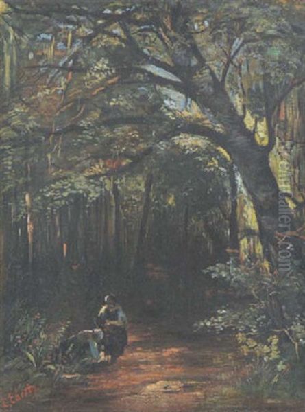 Waldweg Mit Zwei Frauen Oil Painting by Carl Ebert